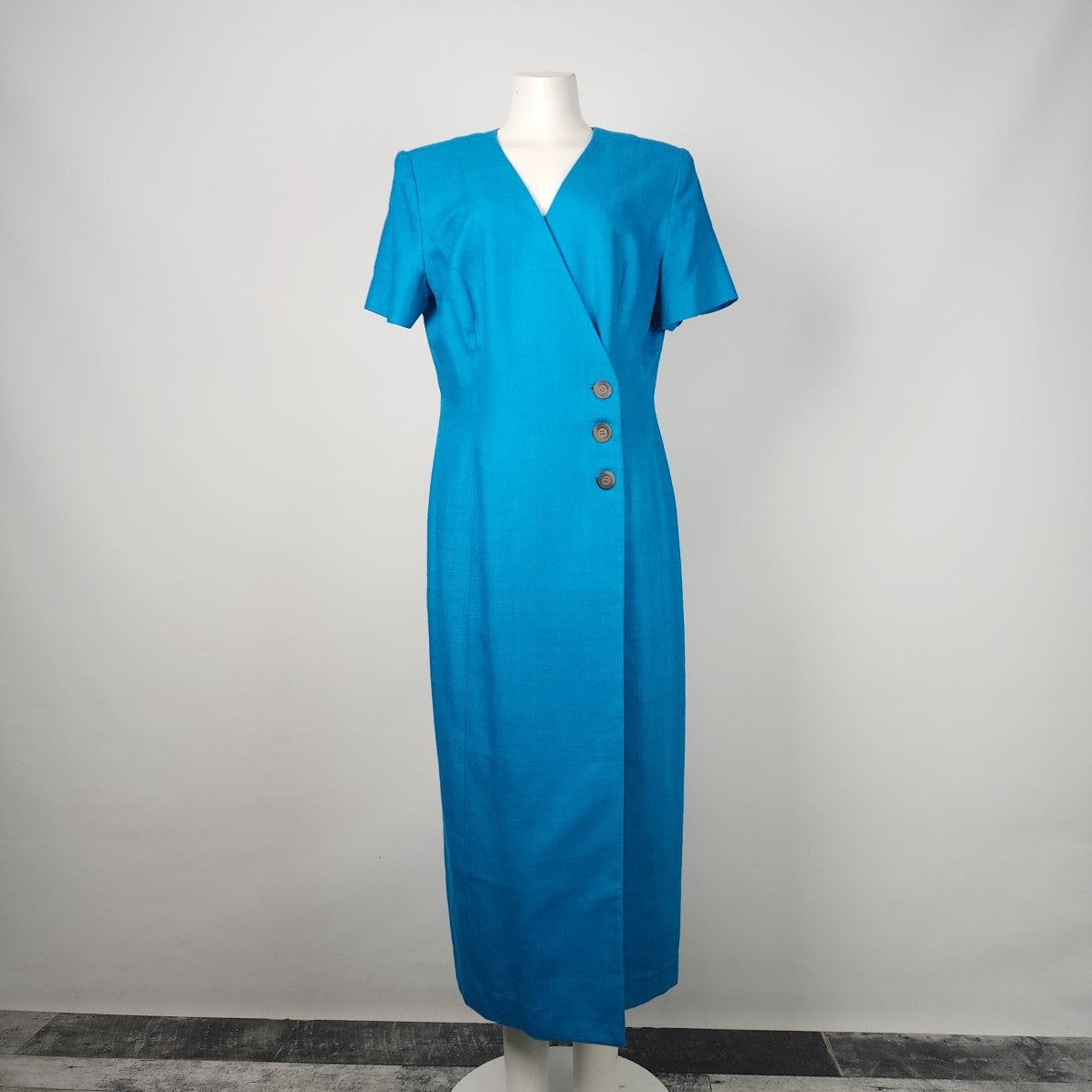 Maggy London Blue Silk Tweed Button Up Wrap Dress Size 14