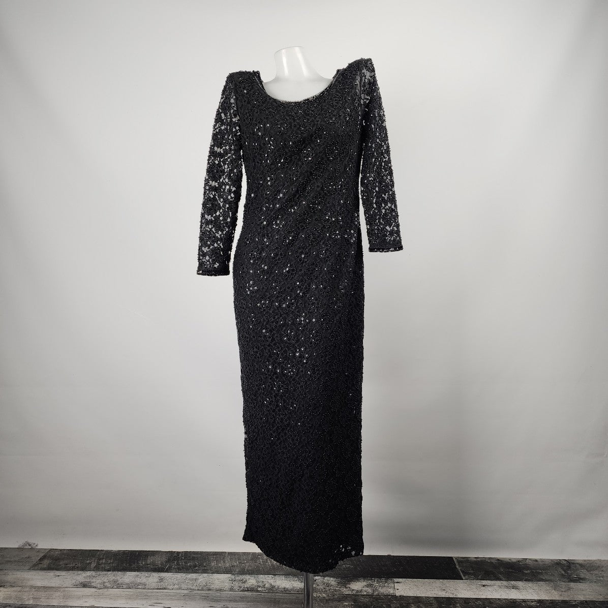 Vintage Black Long Sleeve Beaded Lace Gown Dress Size S
