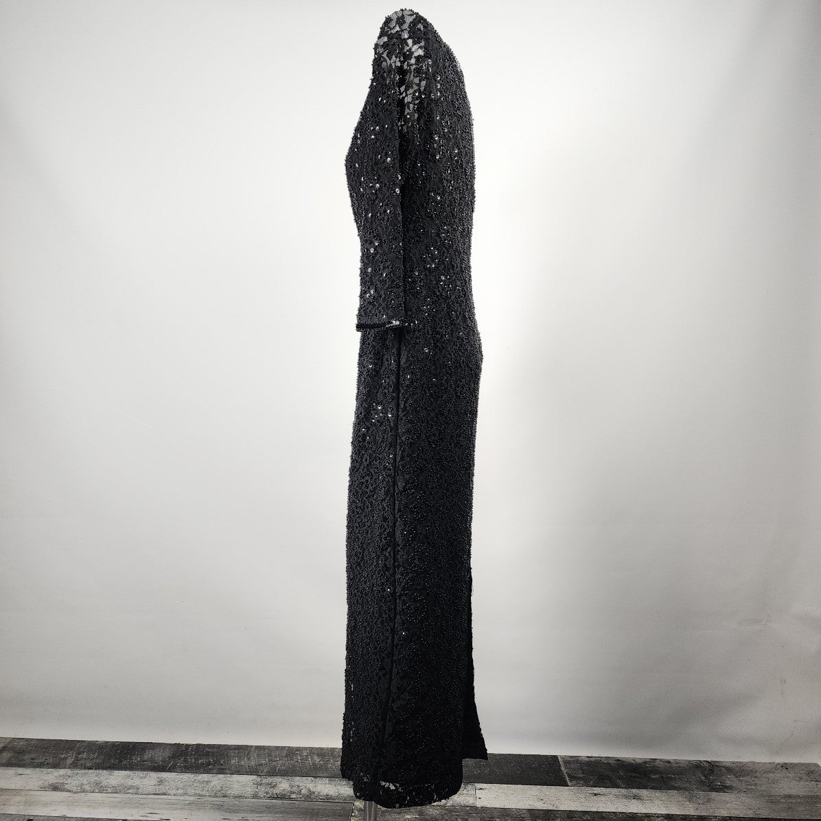 Vintage Black Long Sleeve Beaded Lace Gown Dress Size S