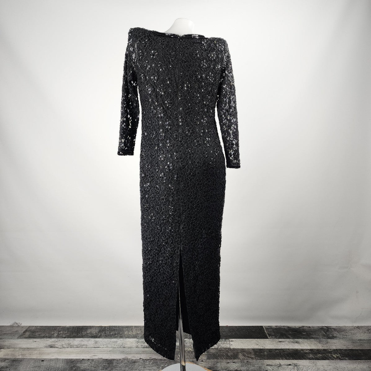Vintage Black Long Sleeve Beaded Lace Gown Dress Size S