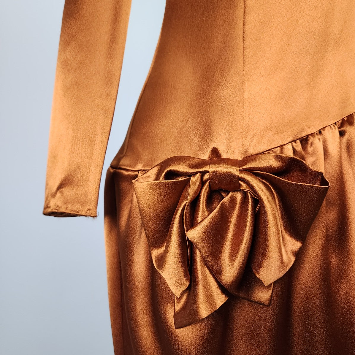 Vintage Bronze Satin Long Sleeve Drop Waist Dress Size S