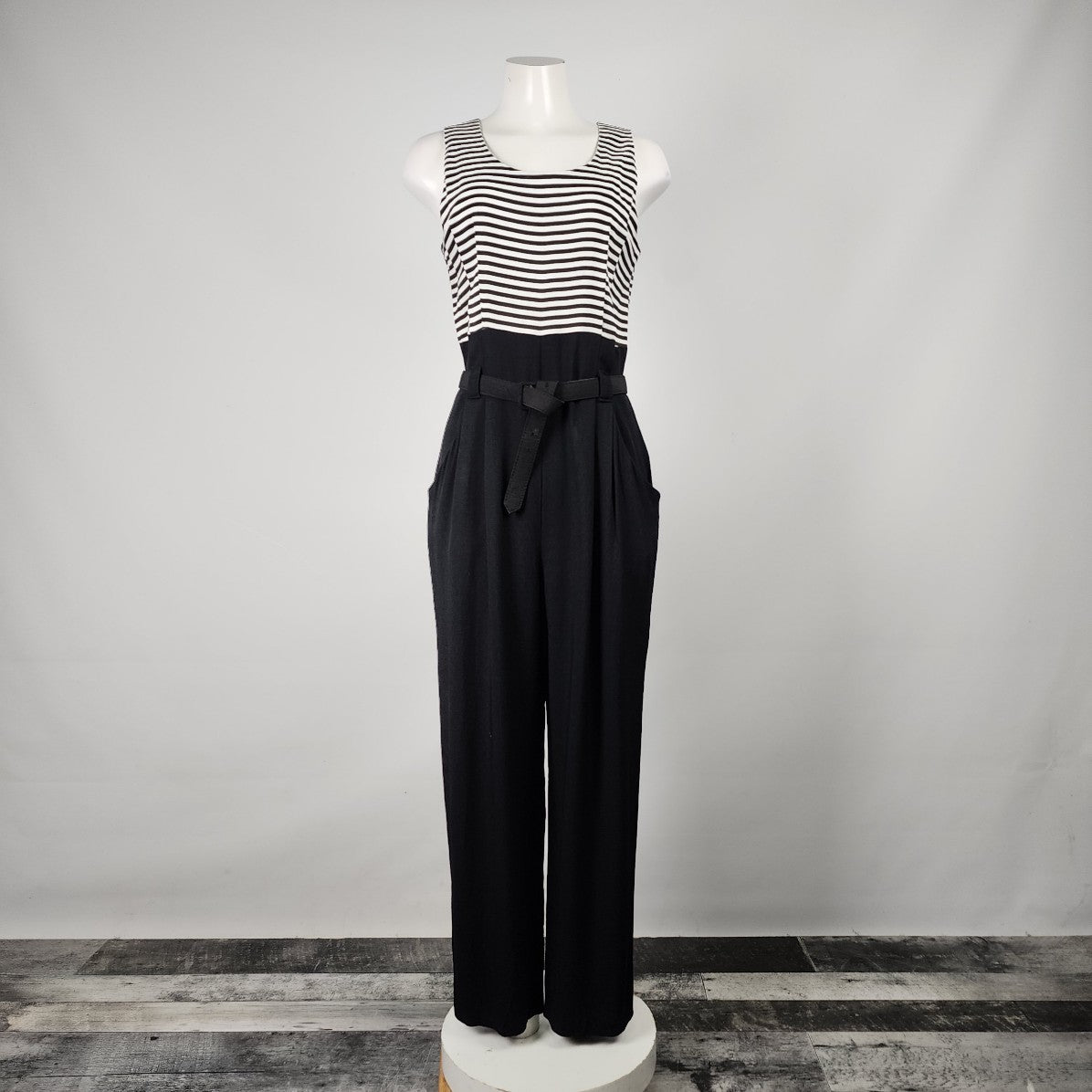Vintage Black Striped Sleeveless Belted Jumpsuit Size M