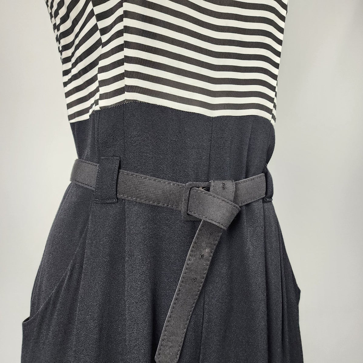 Vintage Black Striped Sleeveless Belted Jumpsuit Size M
