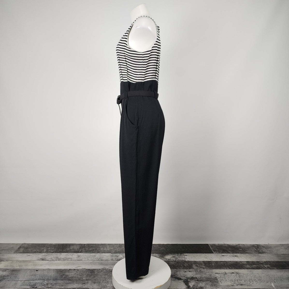 Vintage Black Striped Sleeveless Belted Jumpsuit Size M