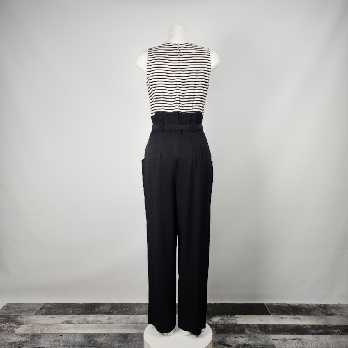 Vintage Black Striped Sleeveless Belted Jumpsuit Size M