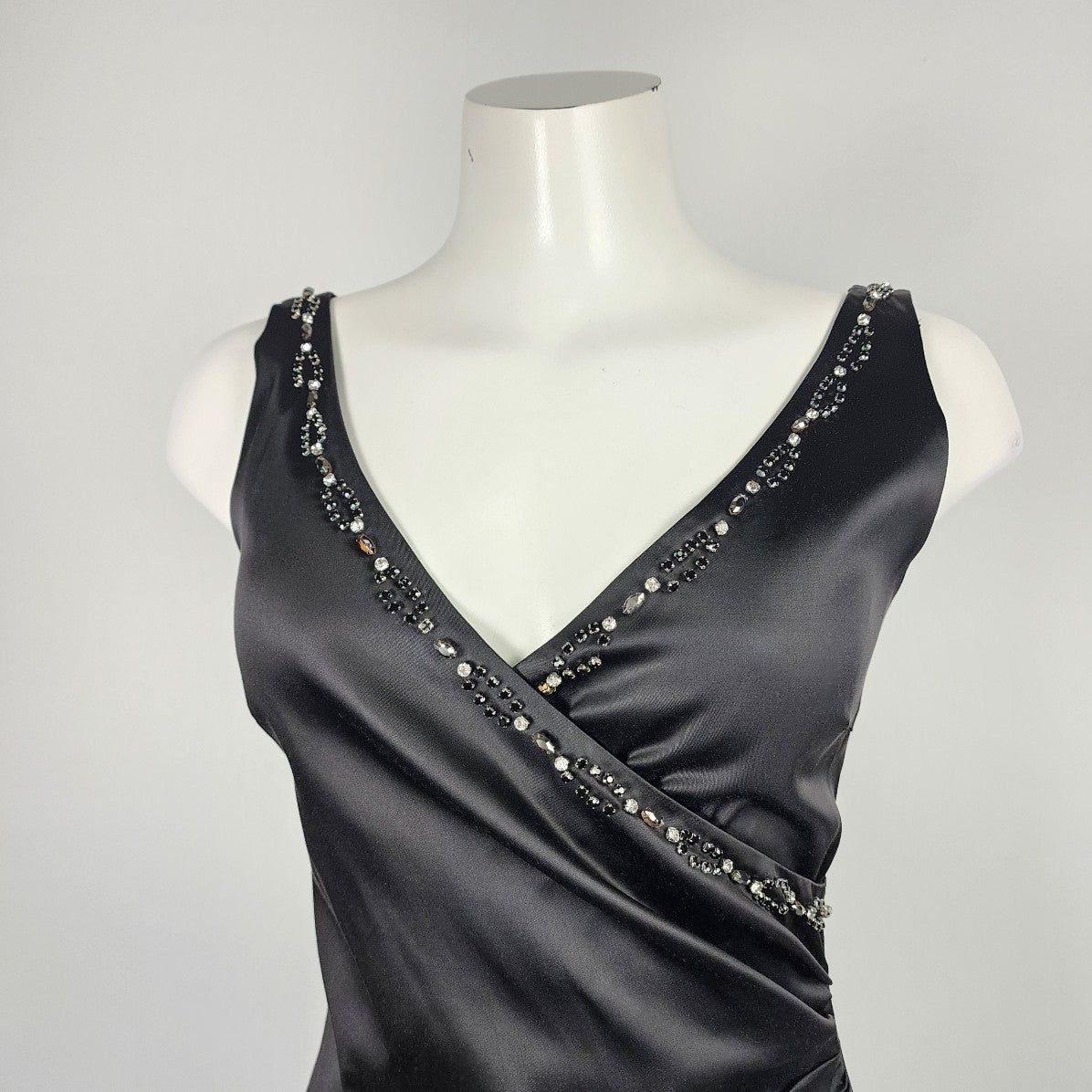 In Wear Black Satin Rhinestone Detail V-Neck Evening Dress Size 6