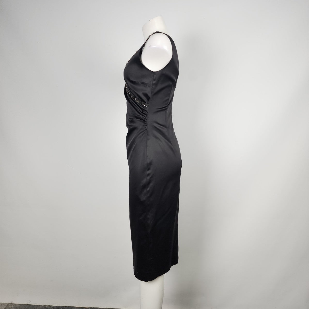 In Wear Black Satin Rhinestone Detail V-Neck Evening Dress Size 6