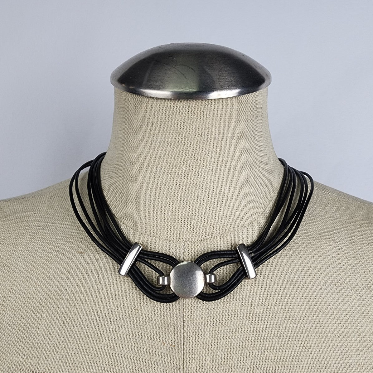 Leather Cord & Silver Collar Necklace