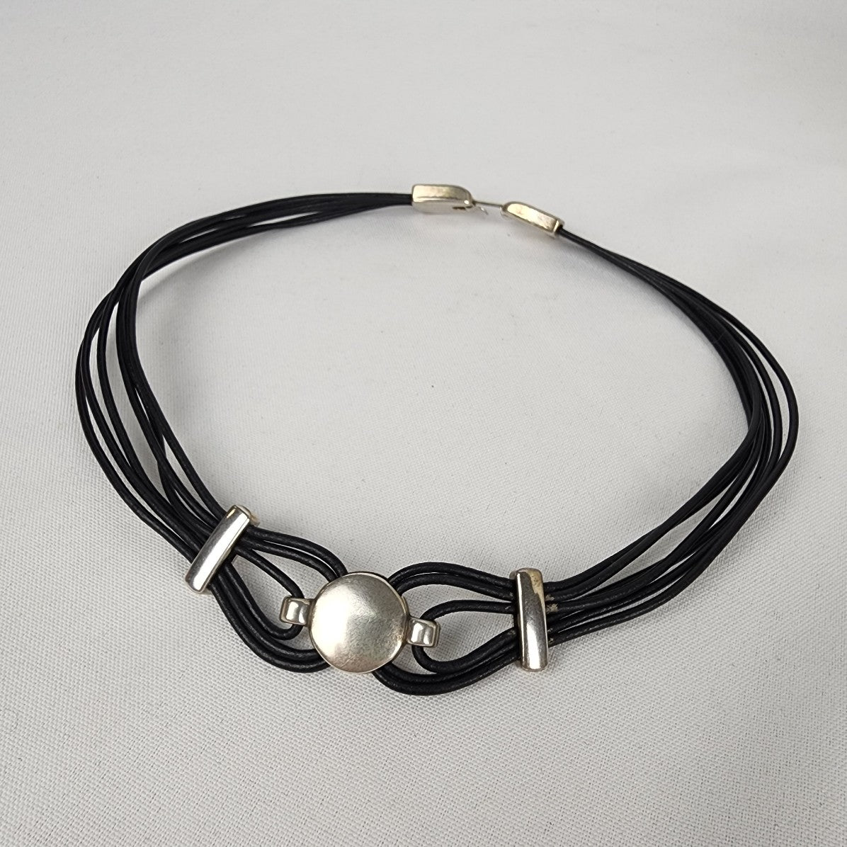 Leather Cord & Silver Collar Necklace