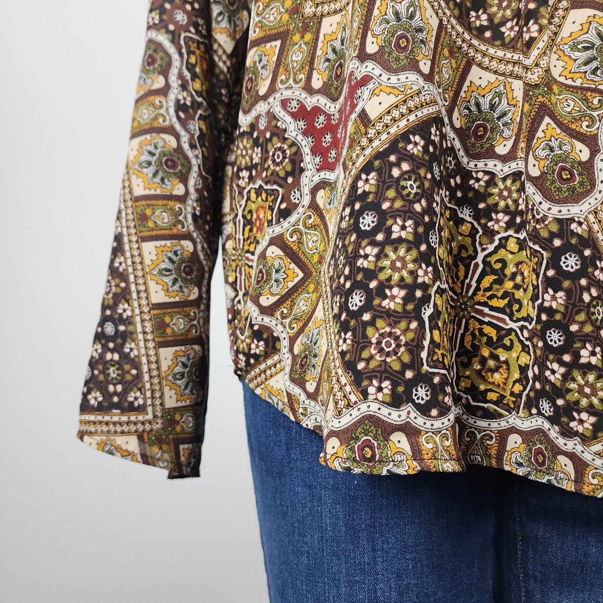Floral & Ivy Brown & Green Floral V Neck Blouse Size L