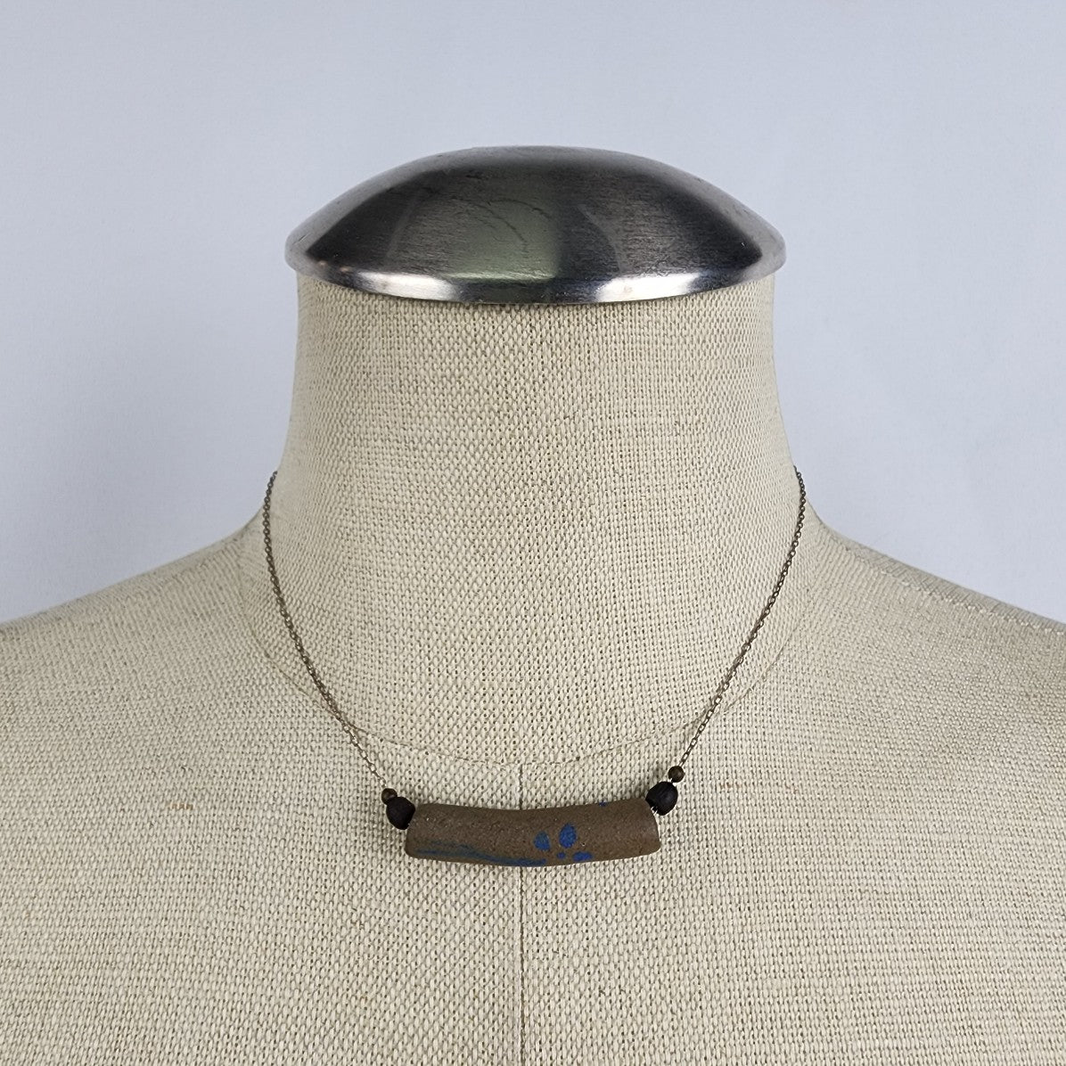 Vintage Ceramic Clay Bead Silver Chain Necklace