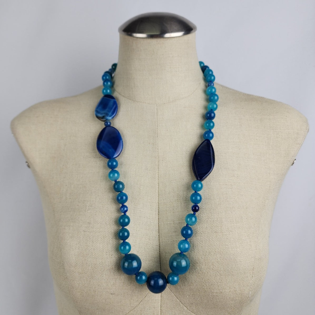 Blue Natural Stone Beaded Long Necklace 925 Sterling Clasp