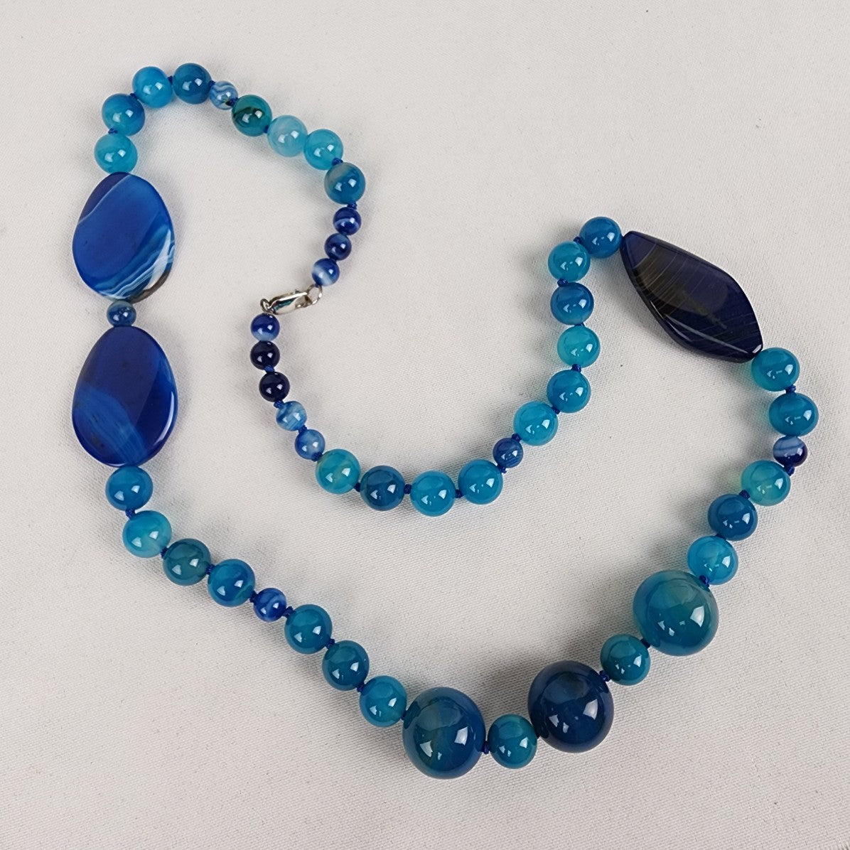 Blue Natural Stone Beaded Long Necklace 925 Sterling Clasp