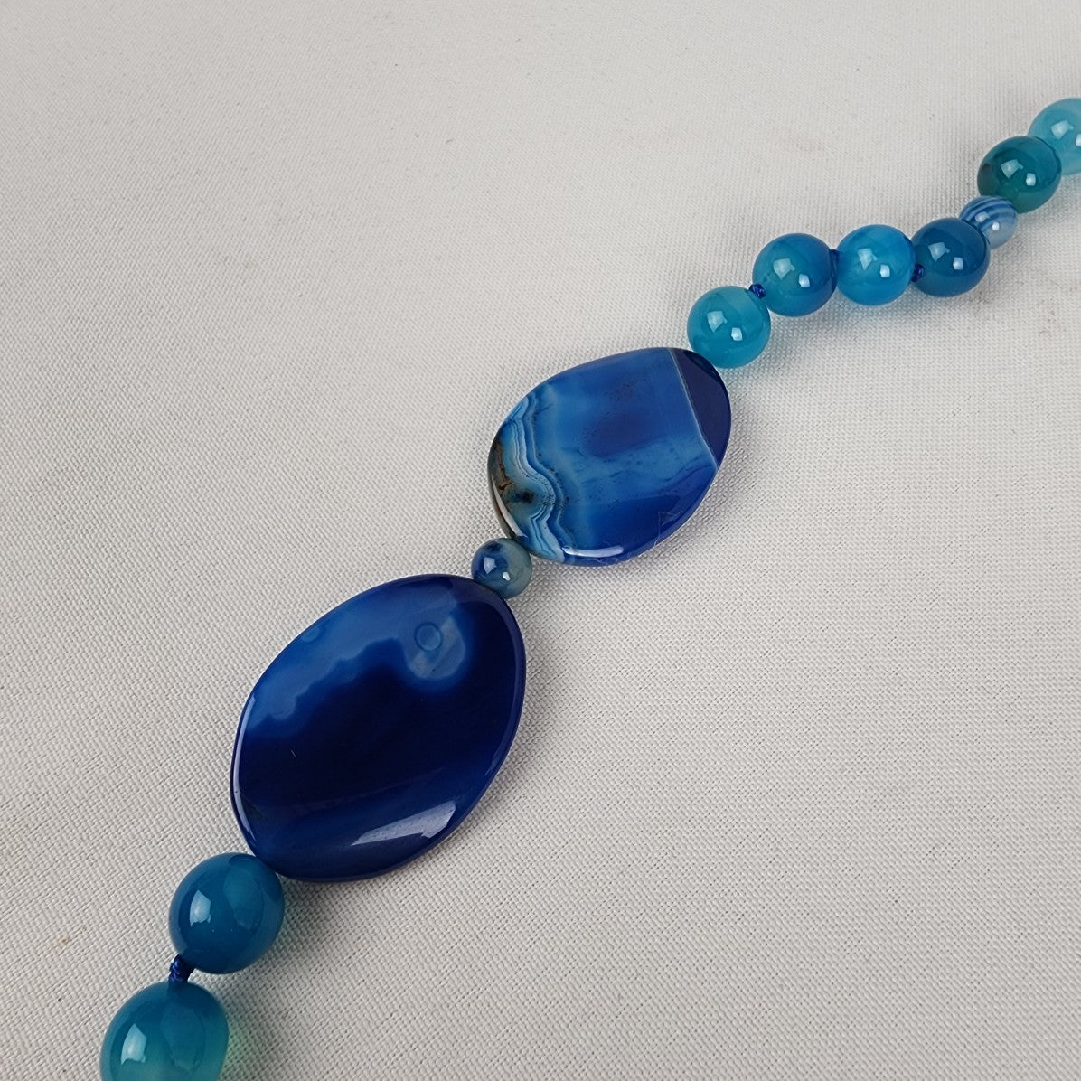 Blue Natural Stone Beaded Long Necklace 925 Sterling Clasp