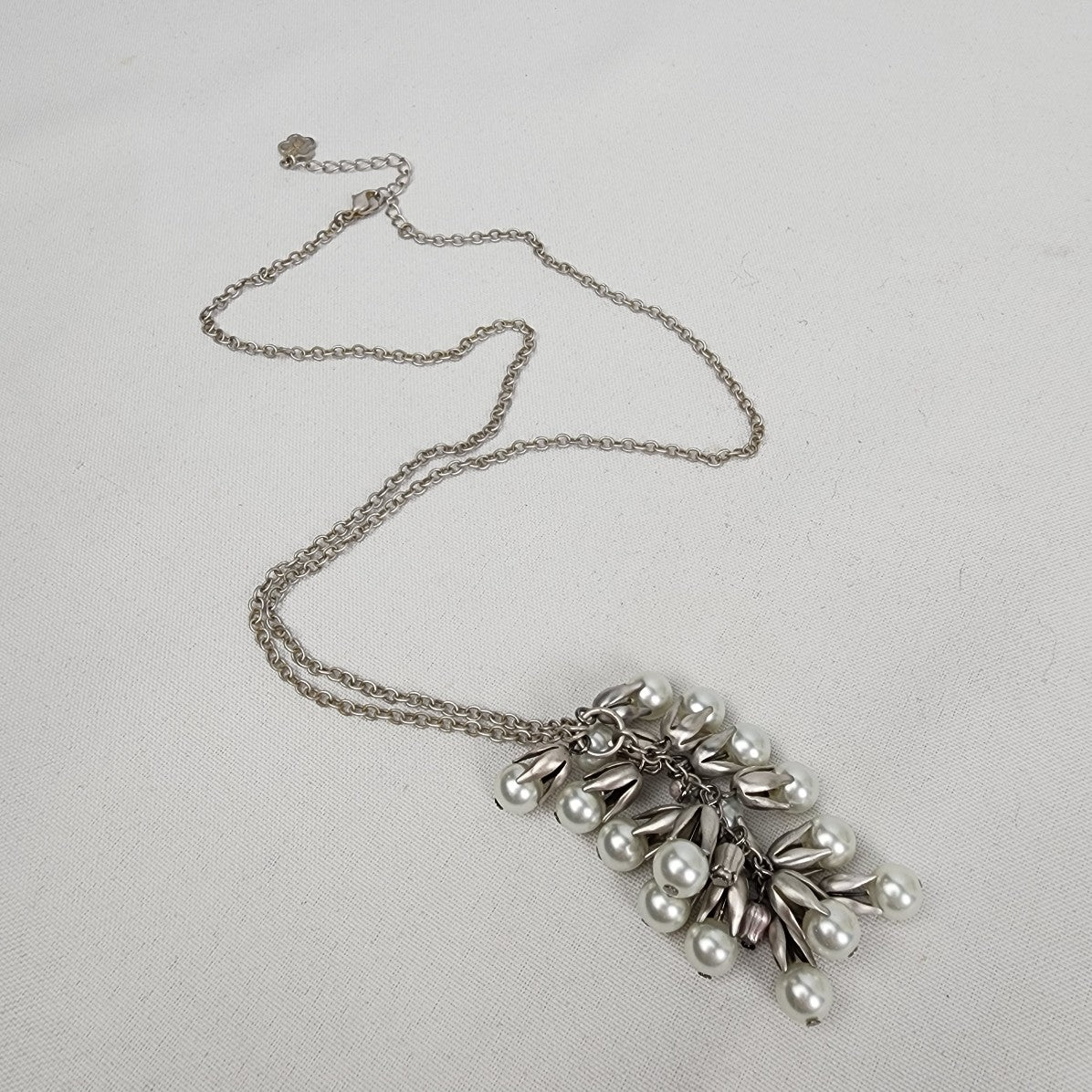 FAC Matt Silver Faux Pearl Cluster Pendant Necklace