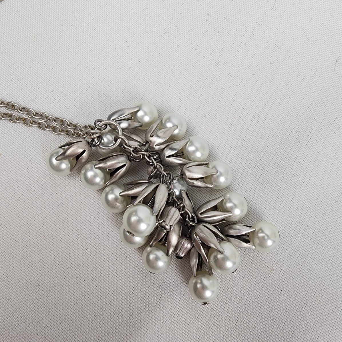 FAC Matt Silver Faux Pearl Cluster Pendant Necklace