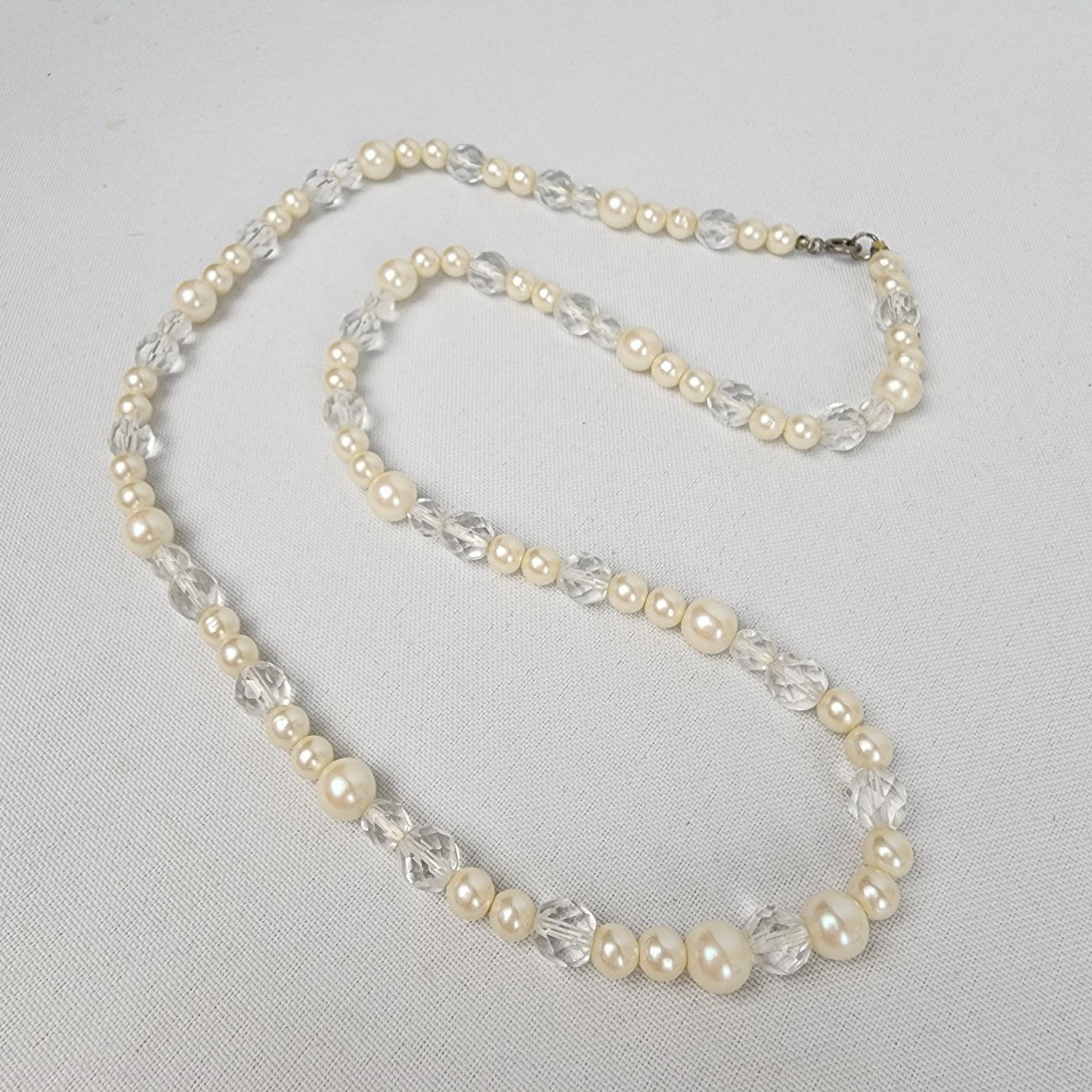 Vintage Faux Pearl Clear Crystal Beaded Necklace
