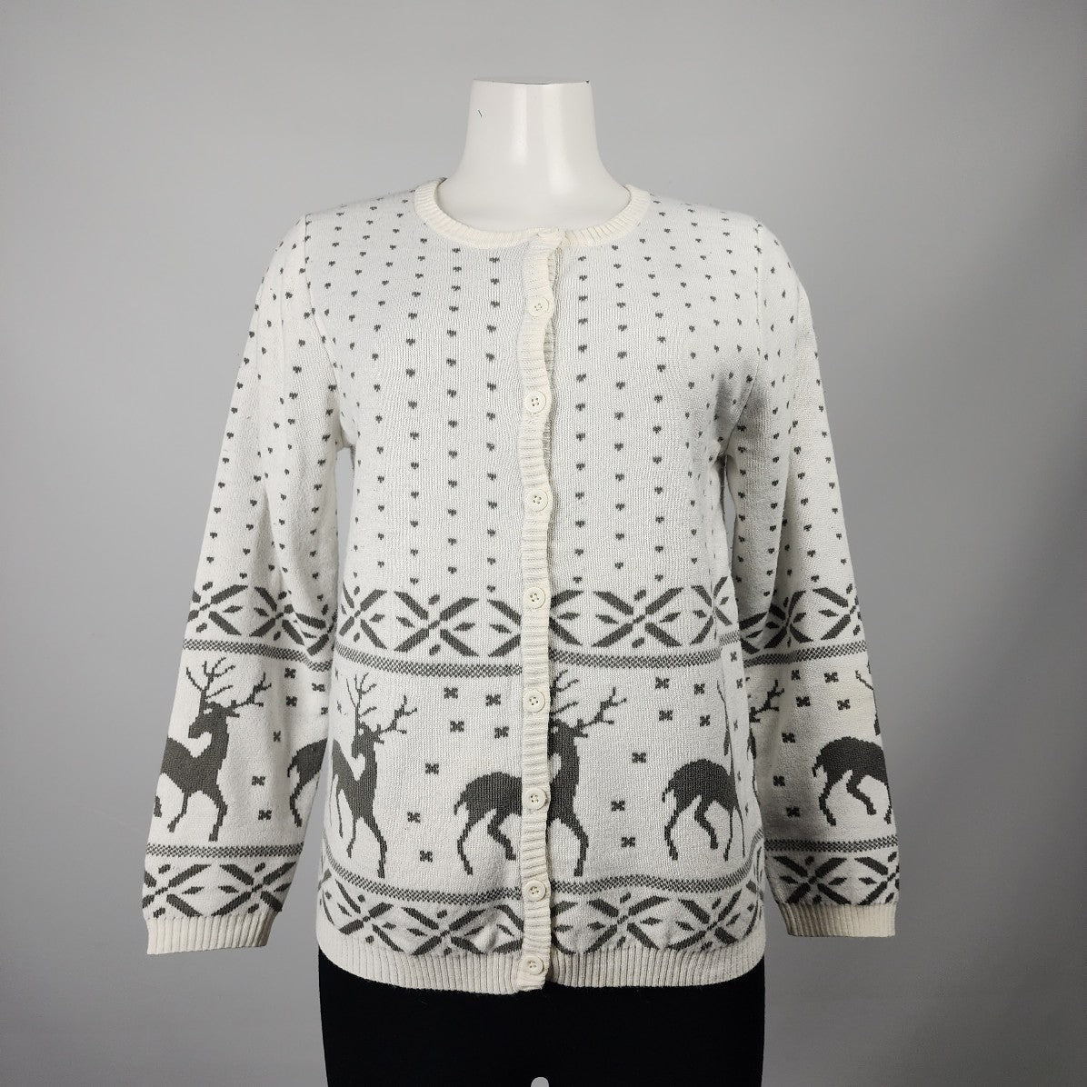 Tradition Country Collection White Knit Reindeer Button Up Cardigan Size S