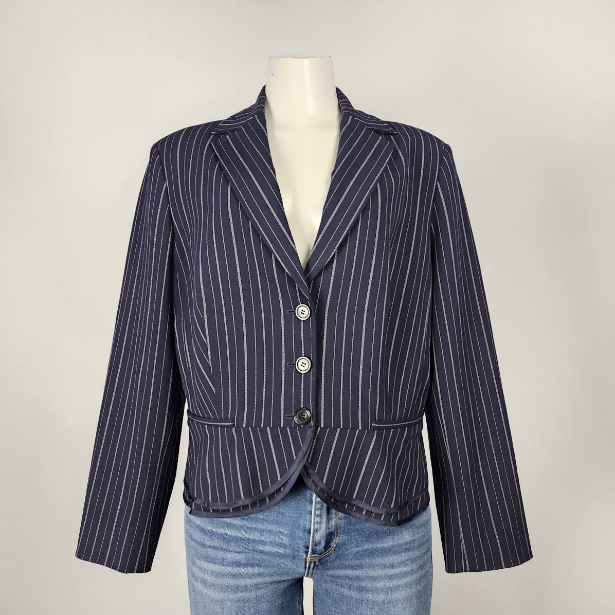 Nine West Suit Navy Pin Striped Peplum Blazer Size 16