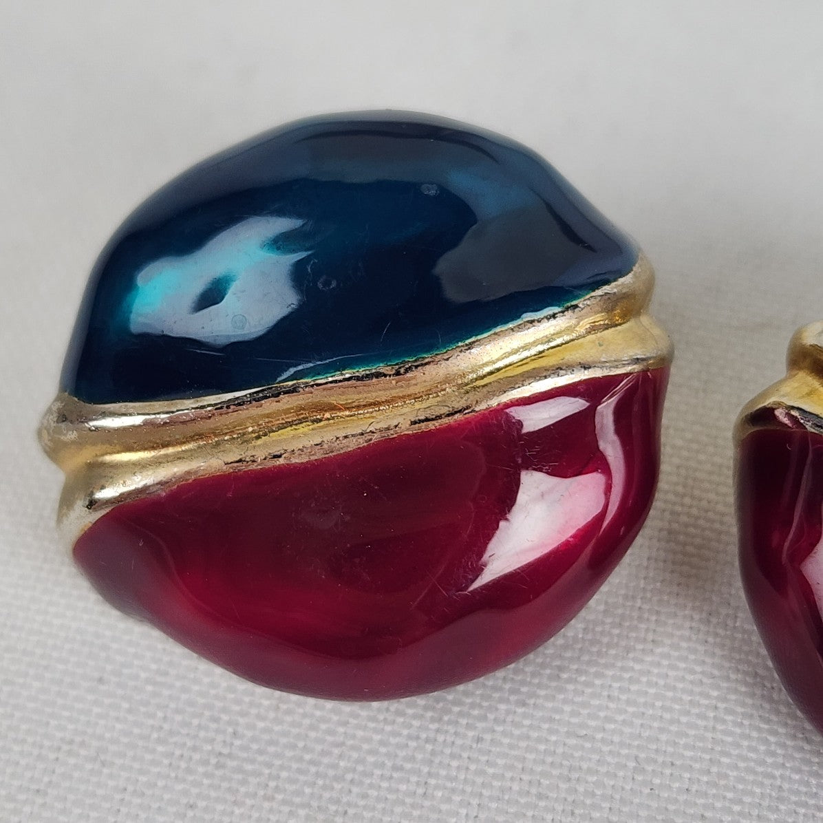 Vintage Red & Blue Gold Enamel Metal Button Clip On Earrings