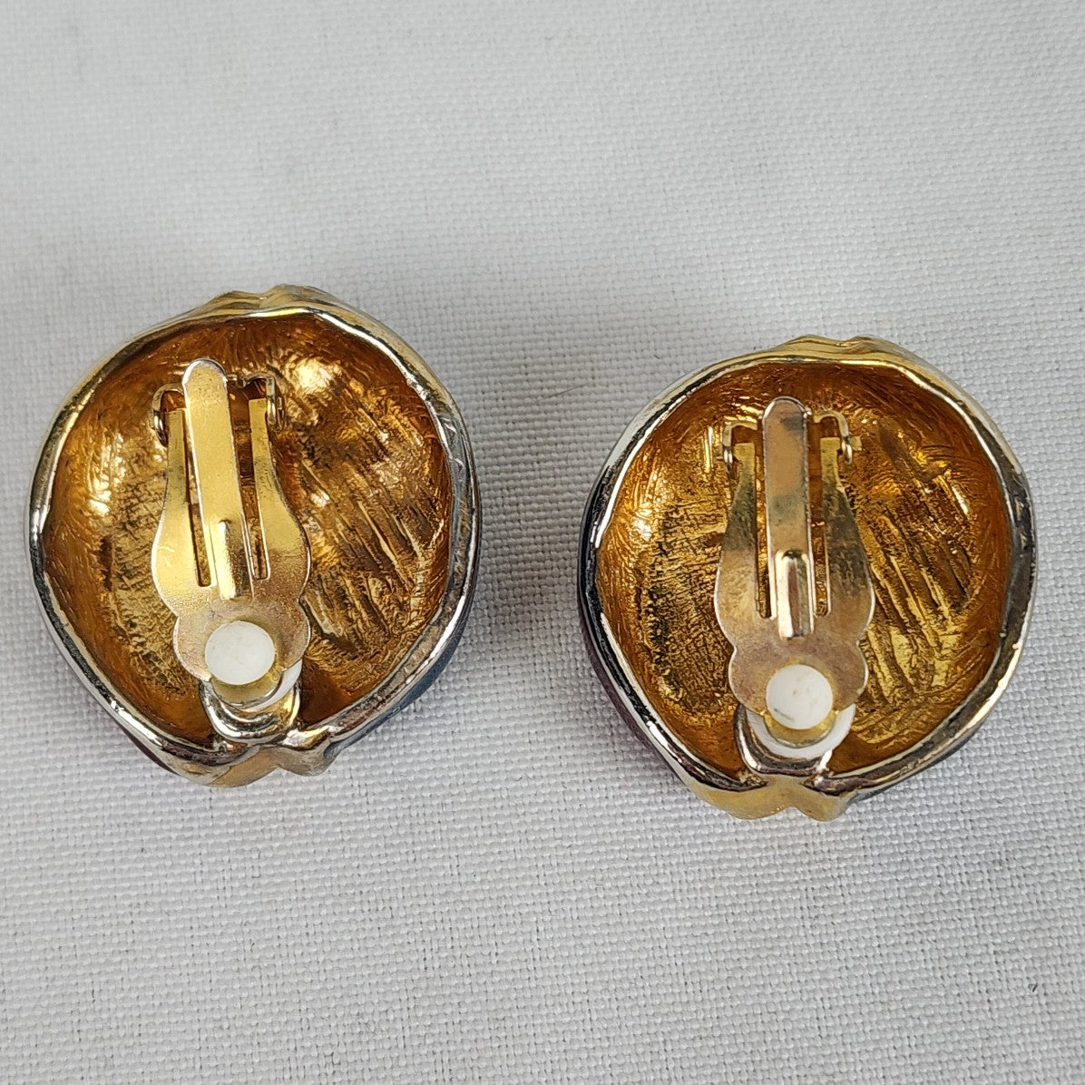 Vintage Red & Blue Gold Enamel Metal Button Clip On Earrings