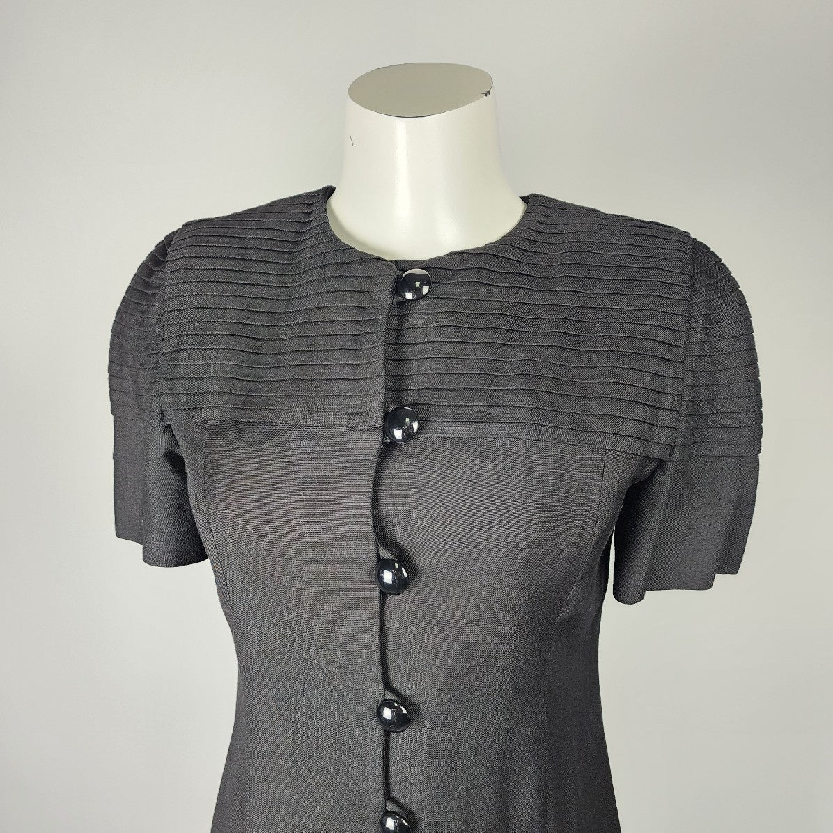 Vintage Richard Warren Bonwit Teller Black Linen Button Up Sheath Dress Size S