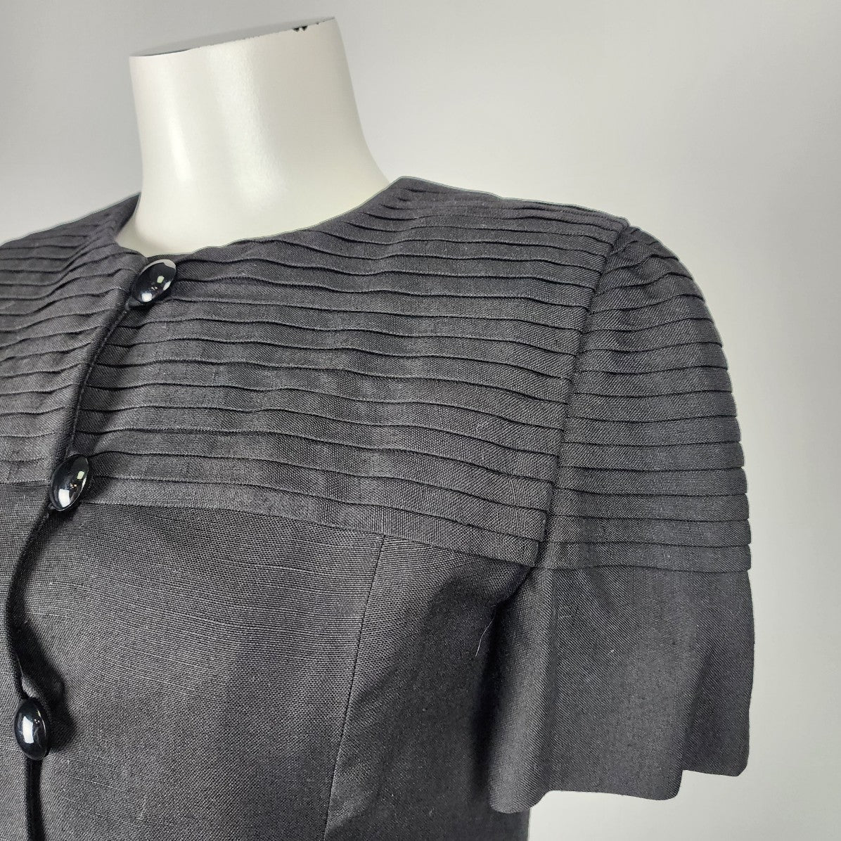 Vintage Richard Warren Bonwit Teller Black Linen Button Up Sheath Dress Size S