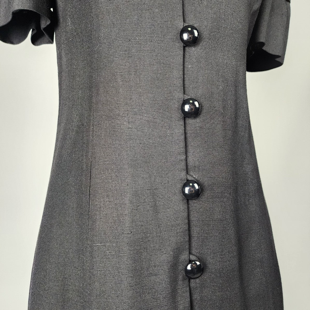 Vintage Richard Warren Bonwit Teller Black Linen Button Up Sheath Dress Size S