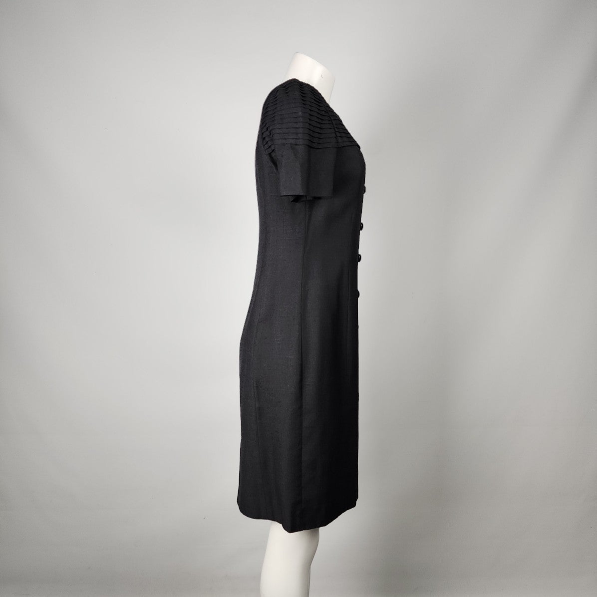 Vintage Richard Warren Bonwit Teller Black Linen Button Up Sheath Dress Size S