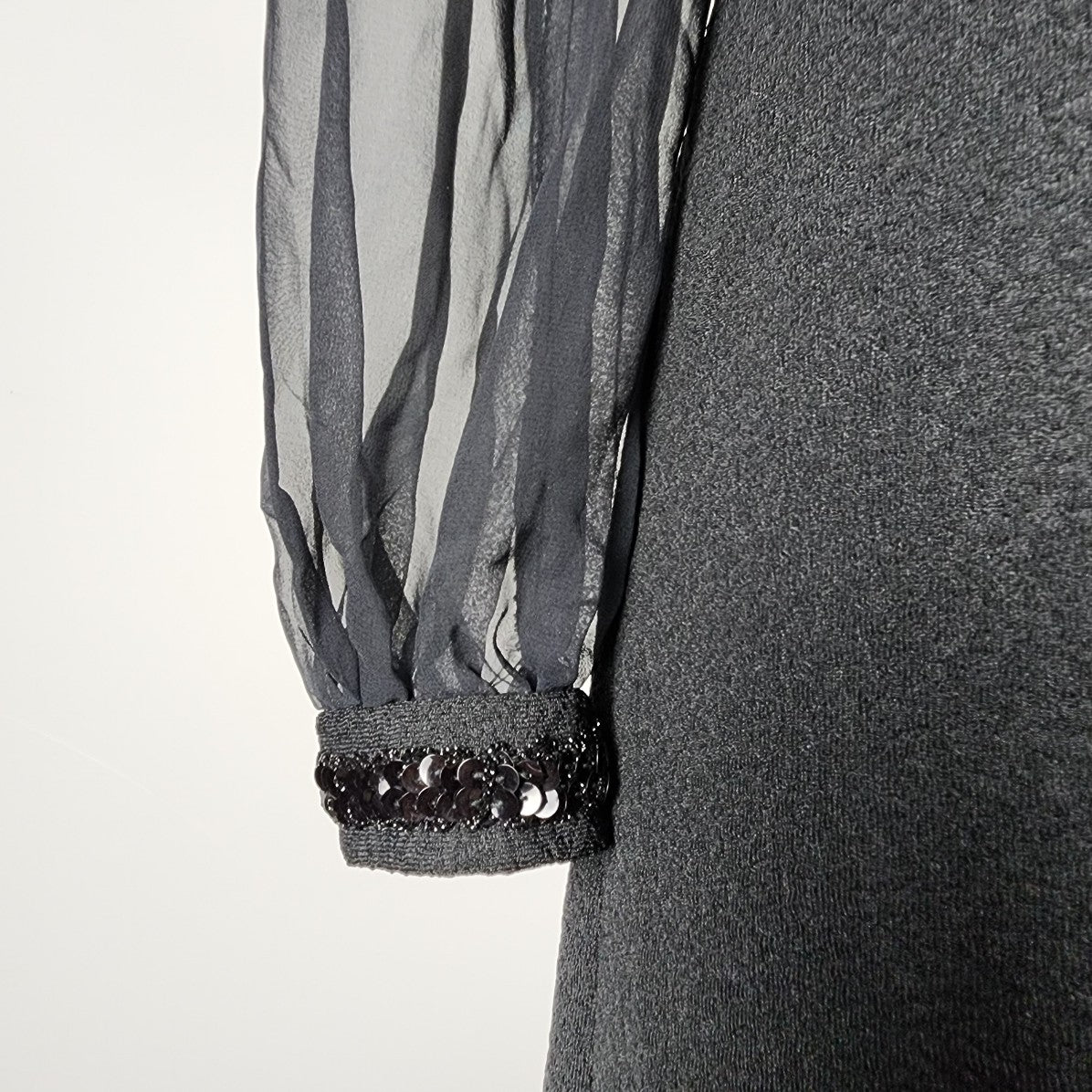 Vintage Black Sequined Detail Sheer Sleeves A Line Dress Size S
