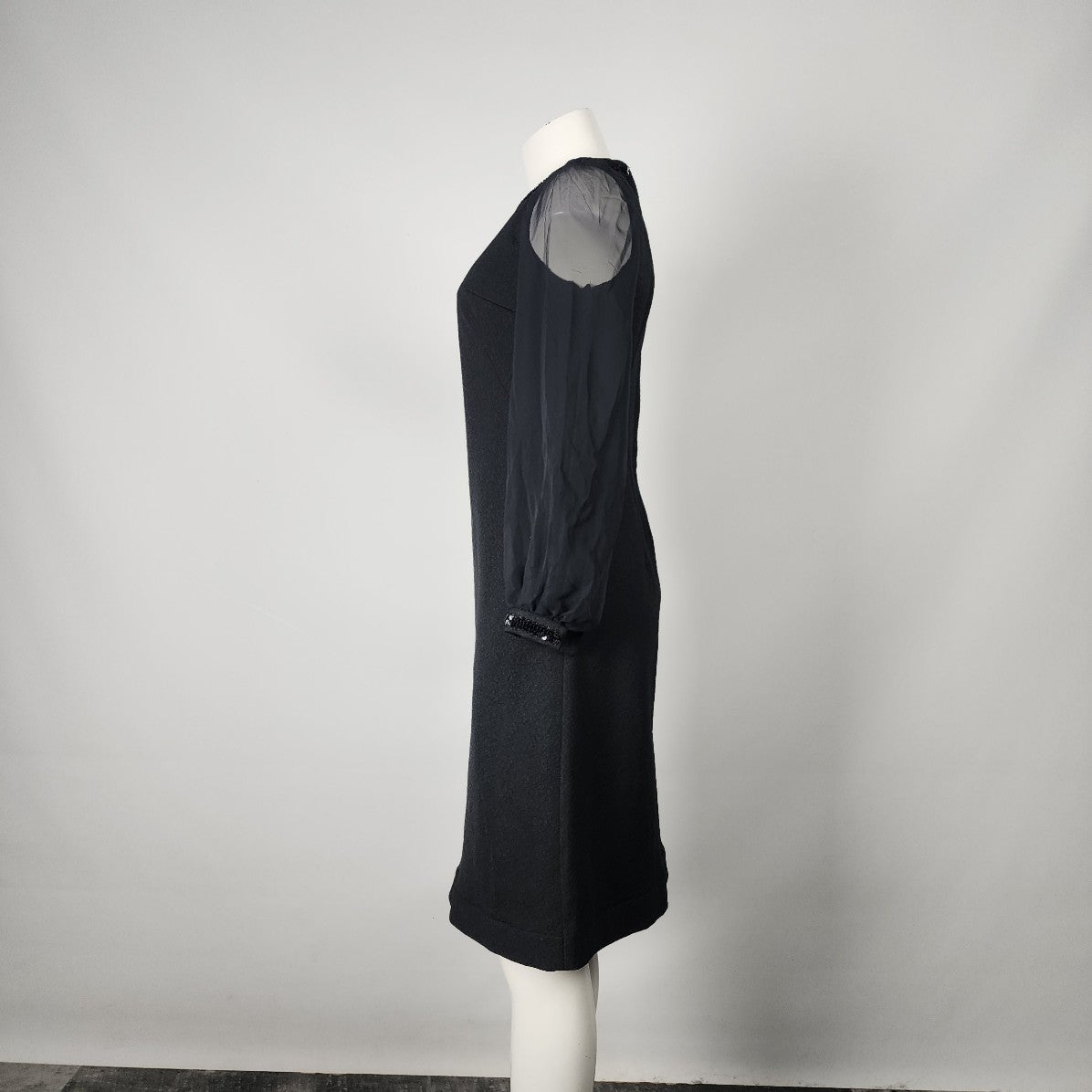 Vintage Black Sequined Detail Sheer Sleeves A Line Dress Size S