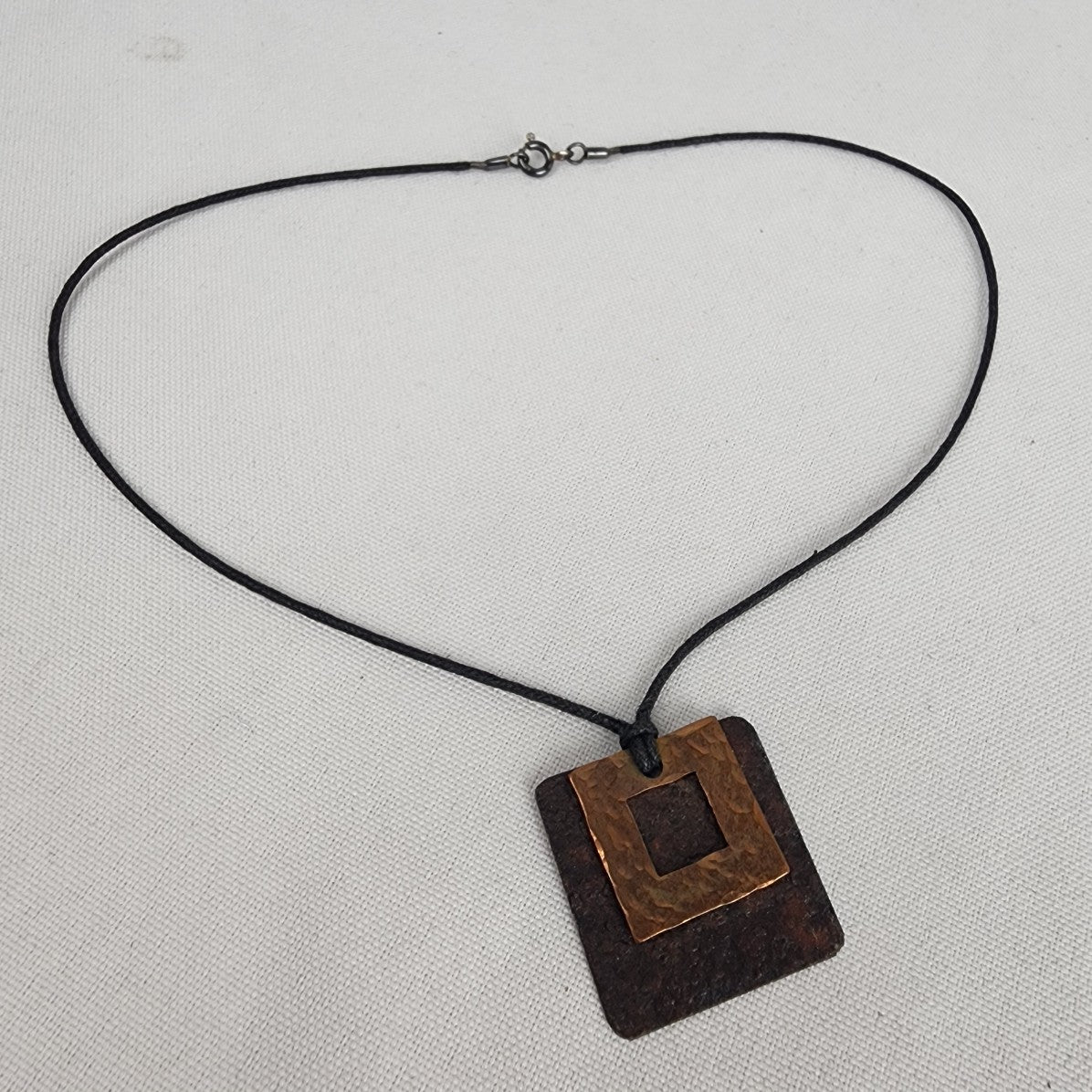 Hammered Copper Square Pendant Necklace 925 Clasp