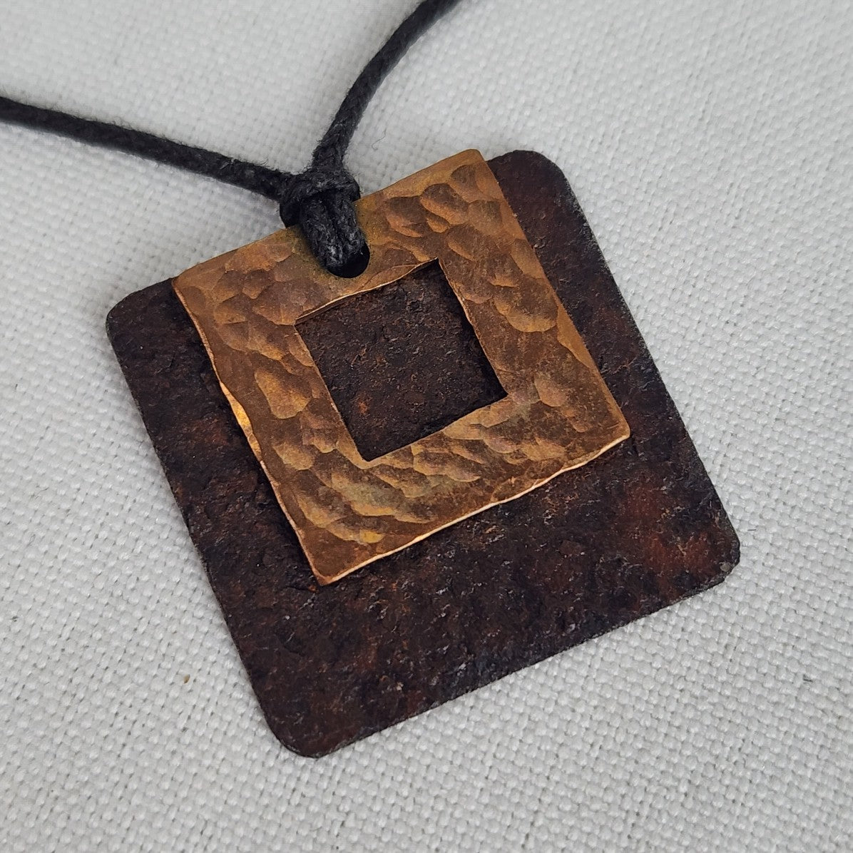 Hammered Copper Square Pendant Necklace 925 Clasp