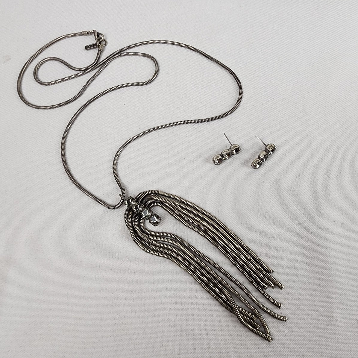 Kiem Antique Silver Rhinestone Long Chain Necklace & Earrings Set