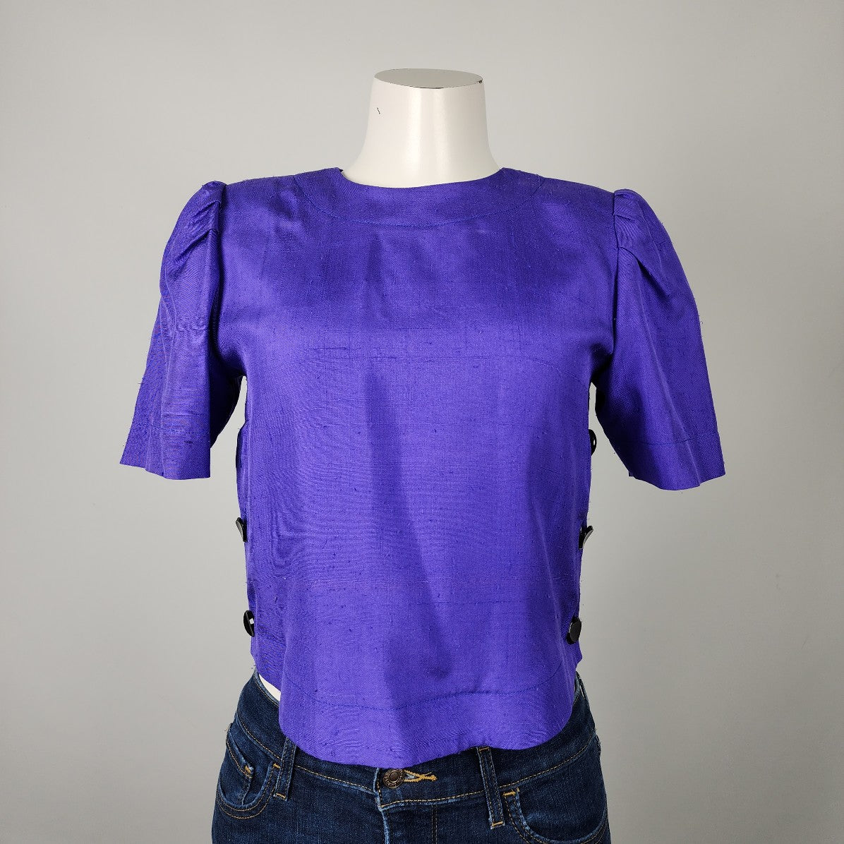 Vintage Doncaster Custom Blue Short Sleeve Button Back Blouse Top Size S
