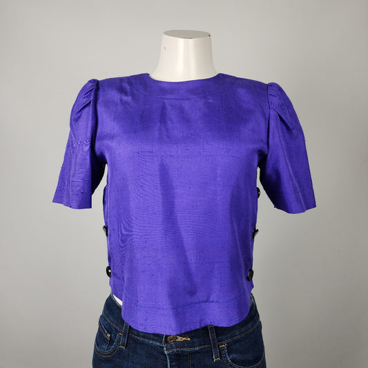 Vintage Doncaster Custom Blue Short Sleeve Button Back Blouse Top Size S