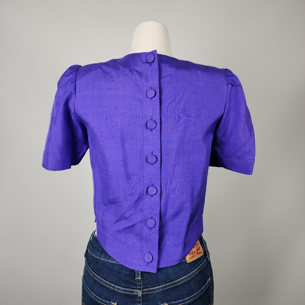 Vintage Doncaster Custom Blue Short Sleeve Button Back Blouse Top Size S