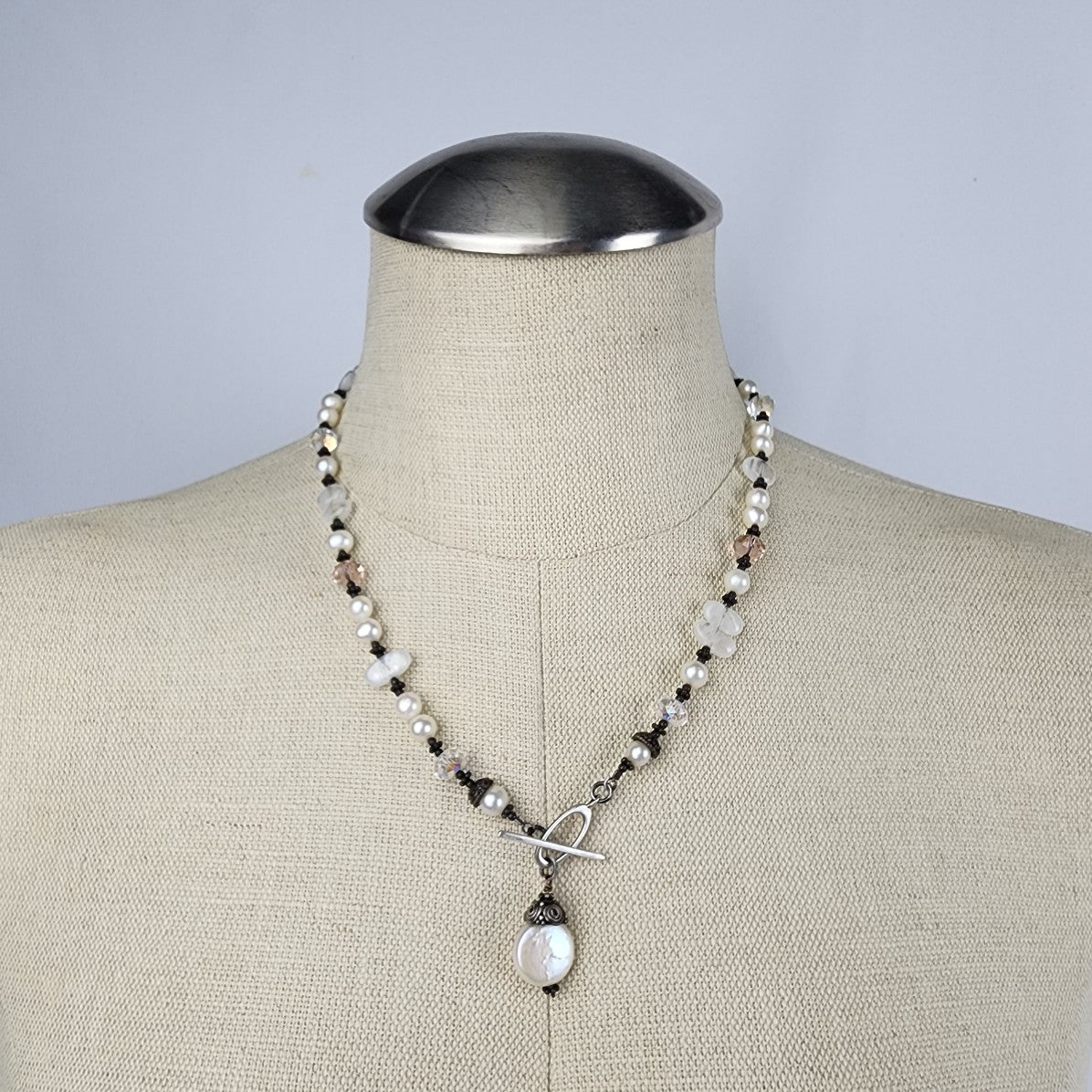 925 Sterling Silver Freshwater Pearl Quartz Beaded Toggle Necklace