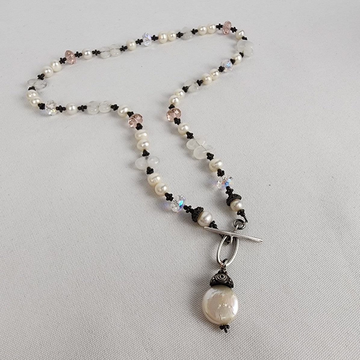 925 Sterling Silver Freshwater Pearl Quartz Beaded Toggle Necklace