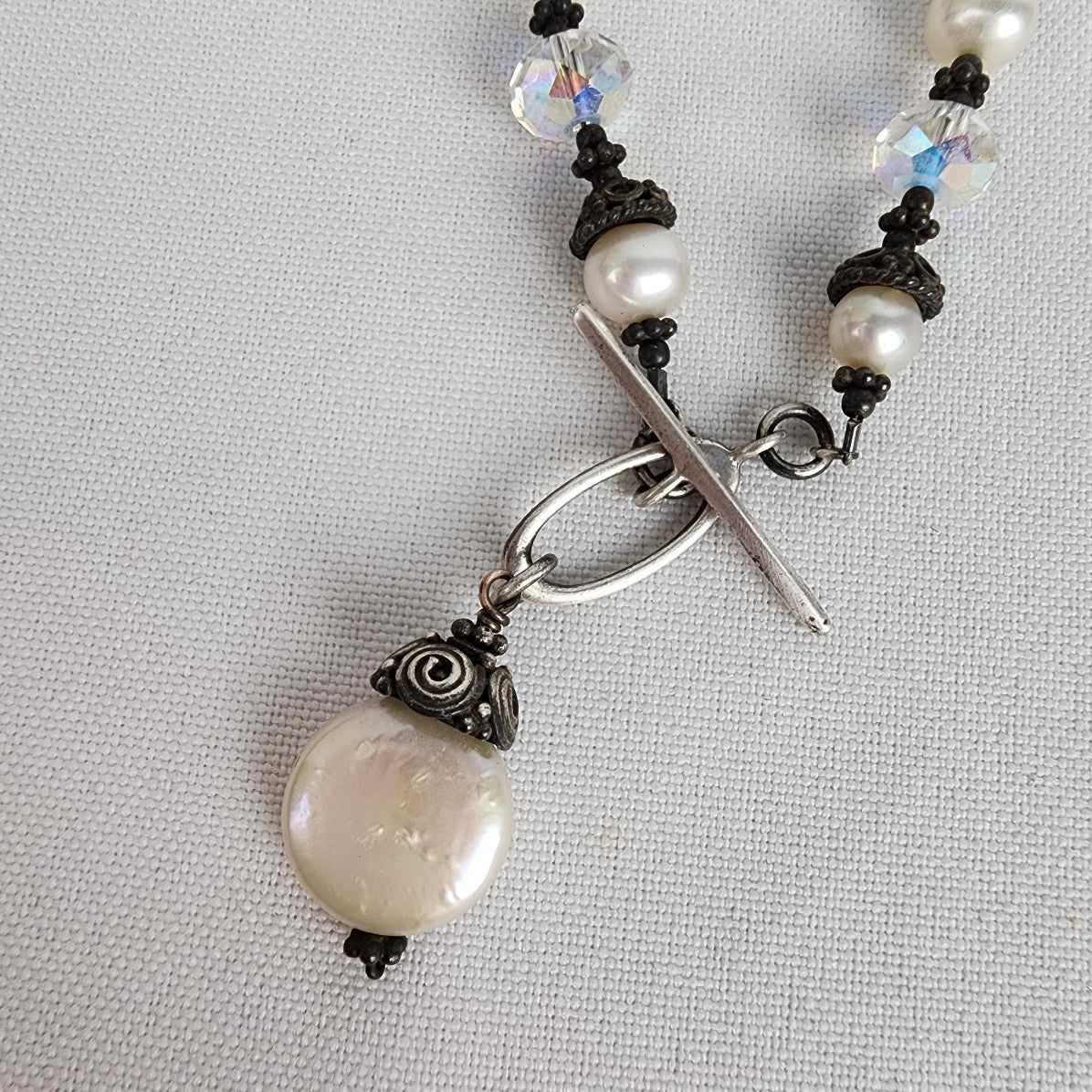 925 Sterling Silver Freshwater Pearl Quartz Beaded Toggle Necklace