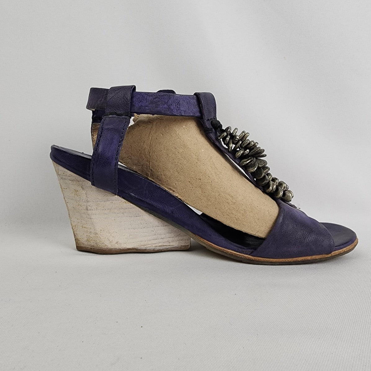 AS98 Violet Purple Leather Wedge Heel Sandals Size 8