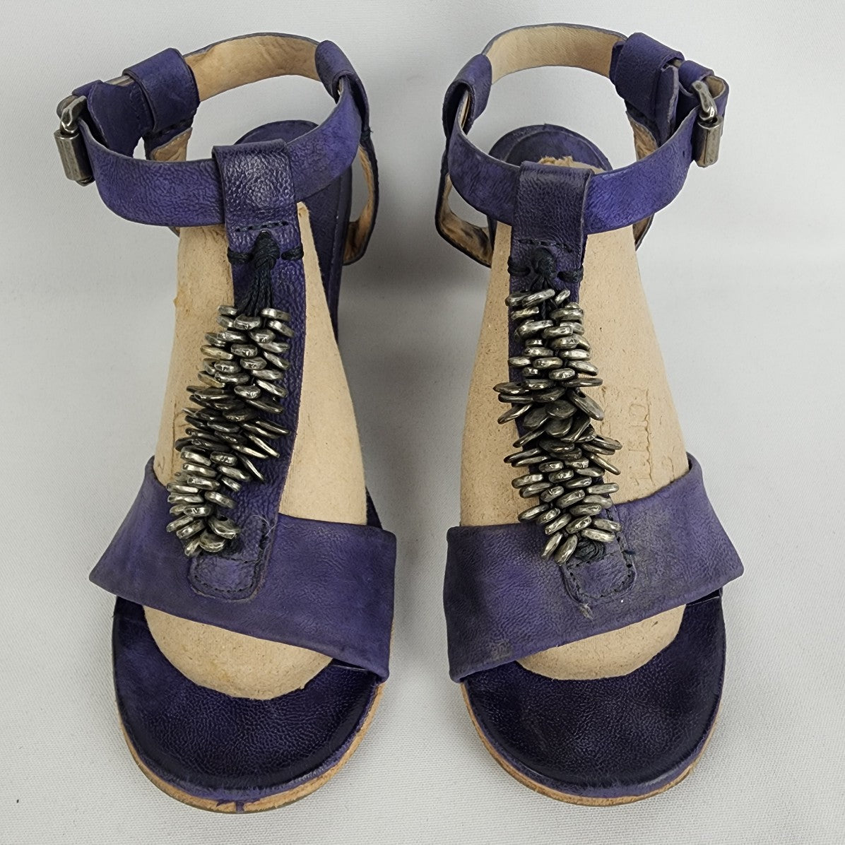 AS98 Violet Purple Leather Wedge Heel Sandals Size 8