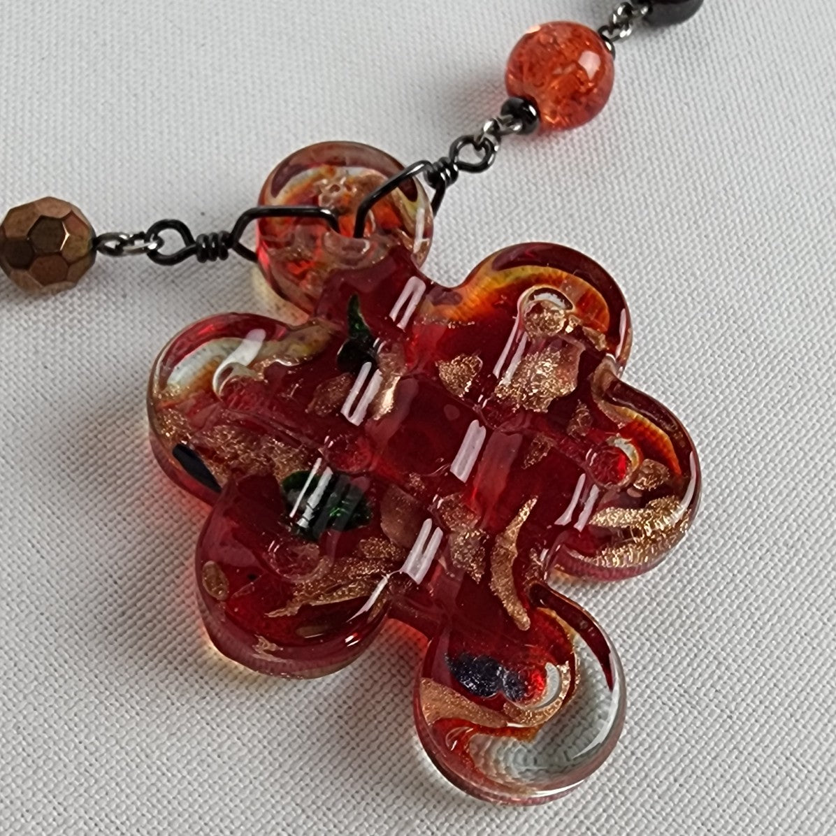 Red Glass Flower Pendant Chain Beaded Necklace & Earring Set
