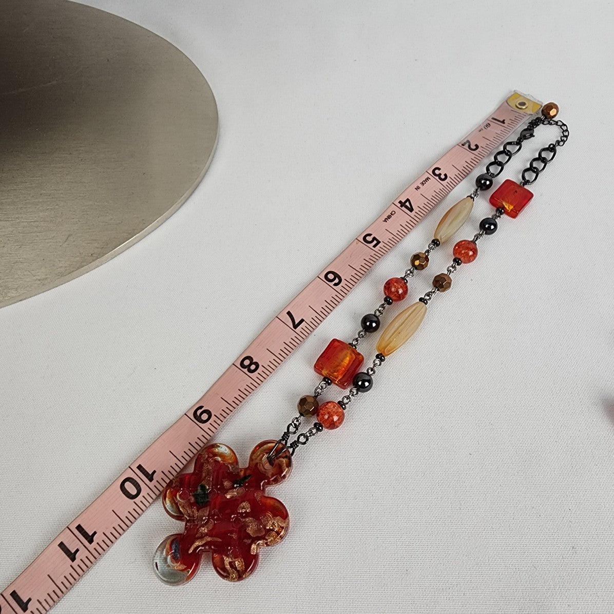 Red Glass Flower Pendant Chain Beaded Necklace & Earring Set