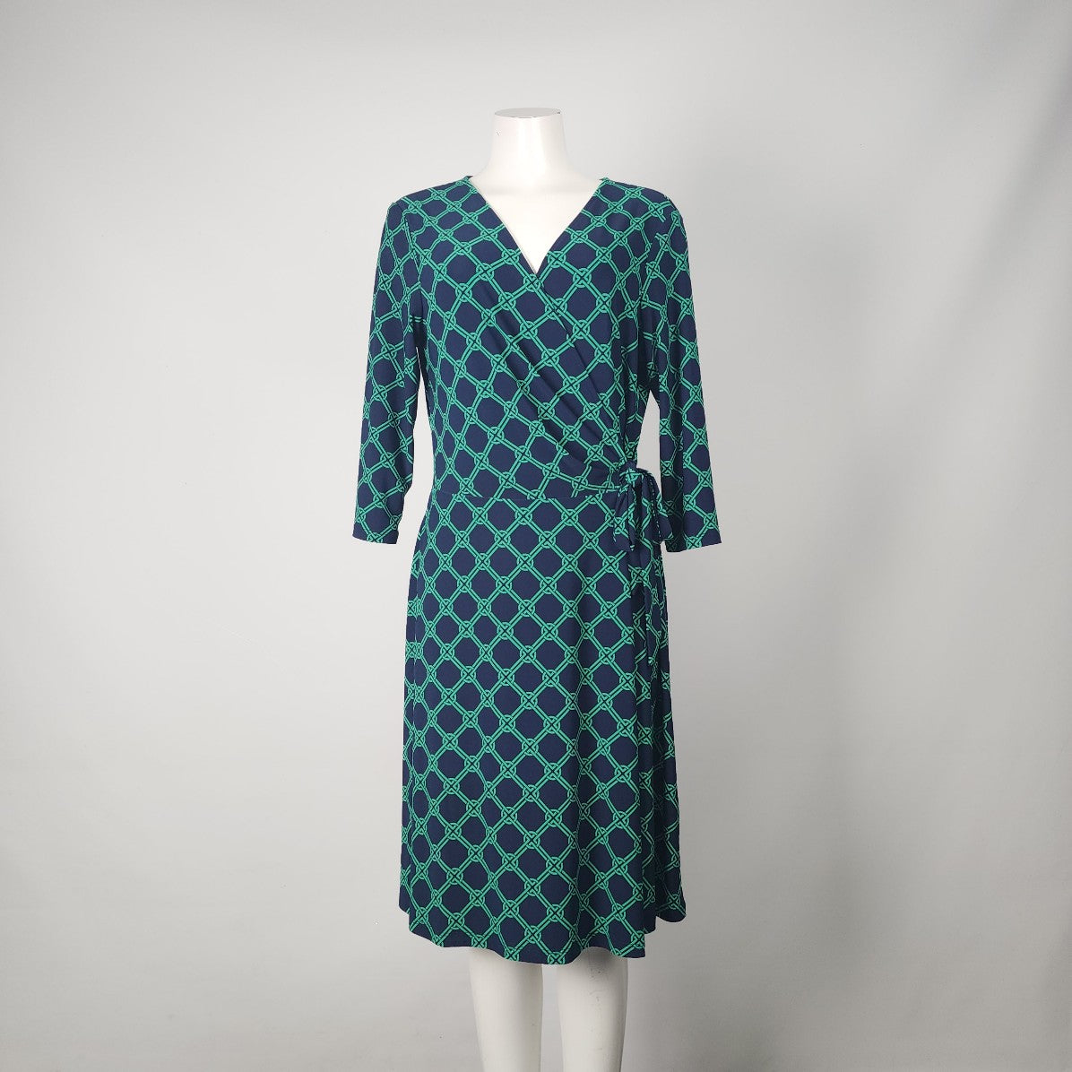 Chaps Navy & Green Faux Wrap Dress Size L