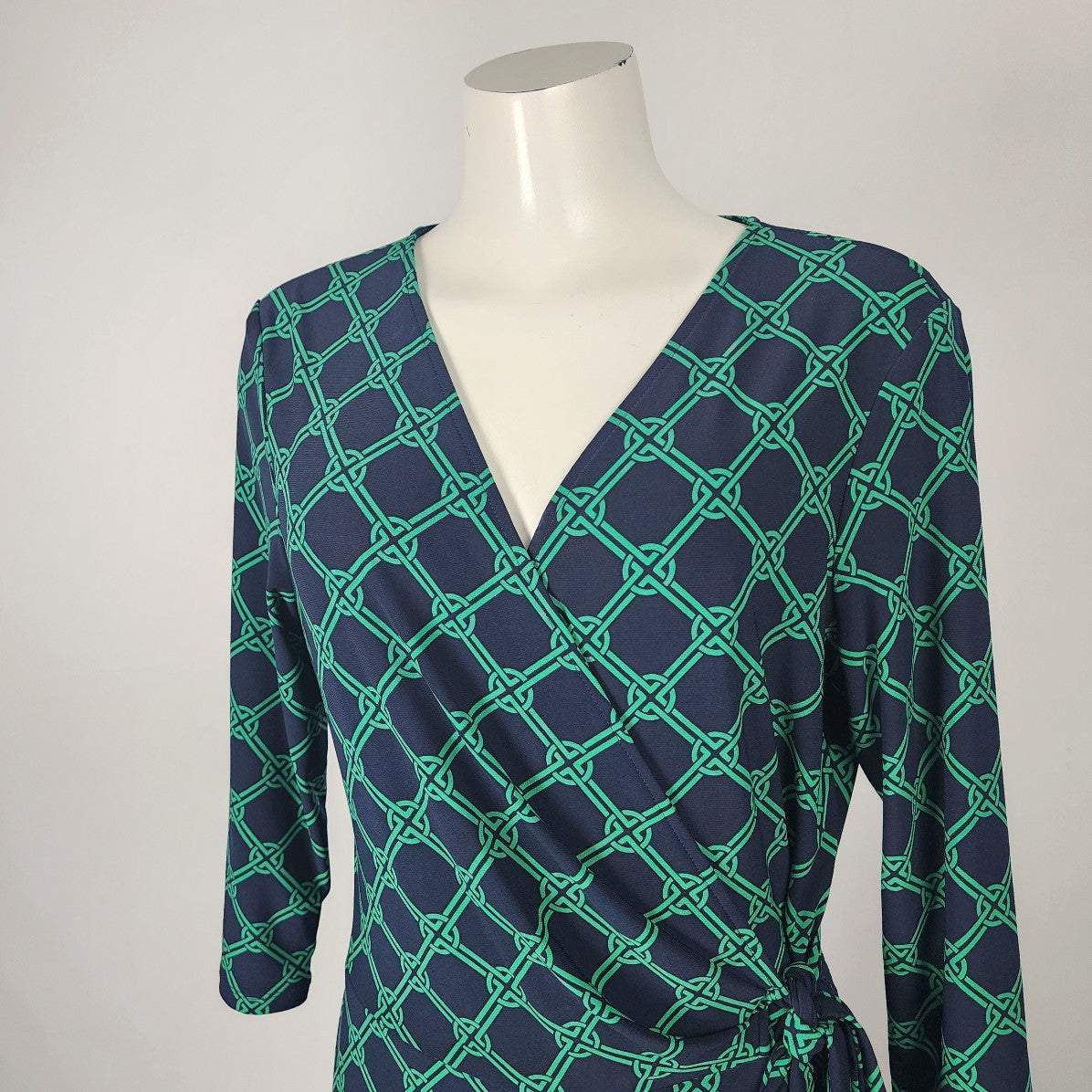 Chaps Navy & Green Faux Wrap Dress Size L