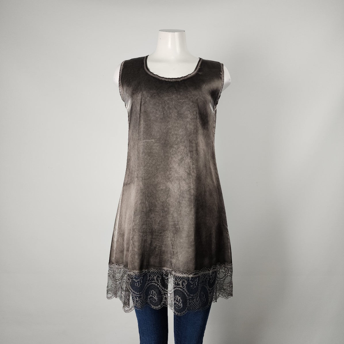 Poools Grey Satin Lace Bottom Sleeveless Tunic Top Size L