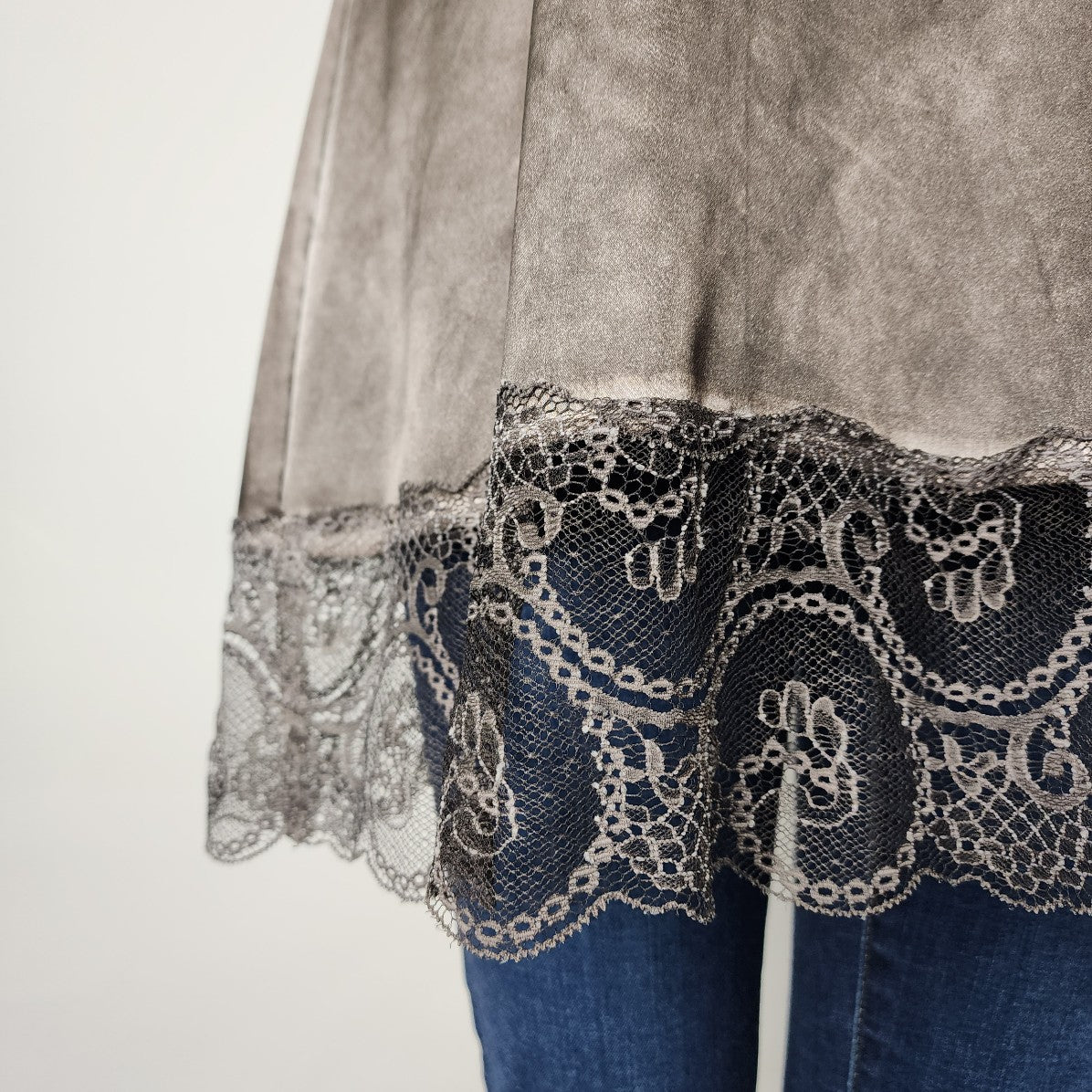 Poools Grey Satin Lace Bottom Sleeveless Tunic Top Size L