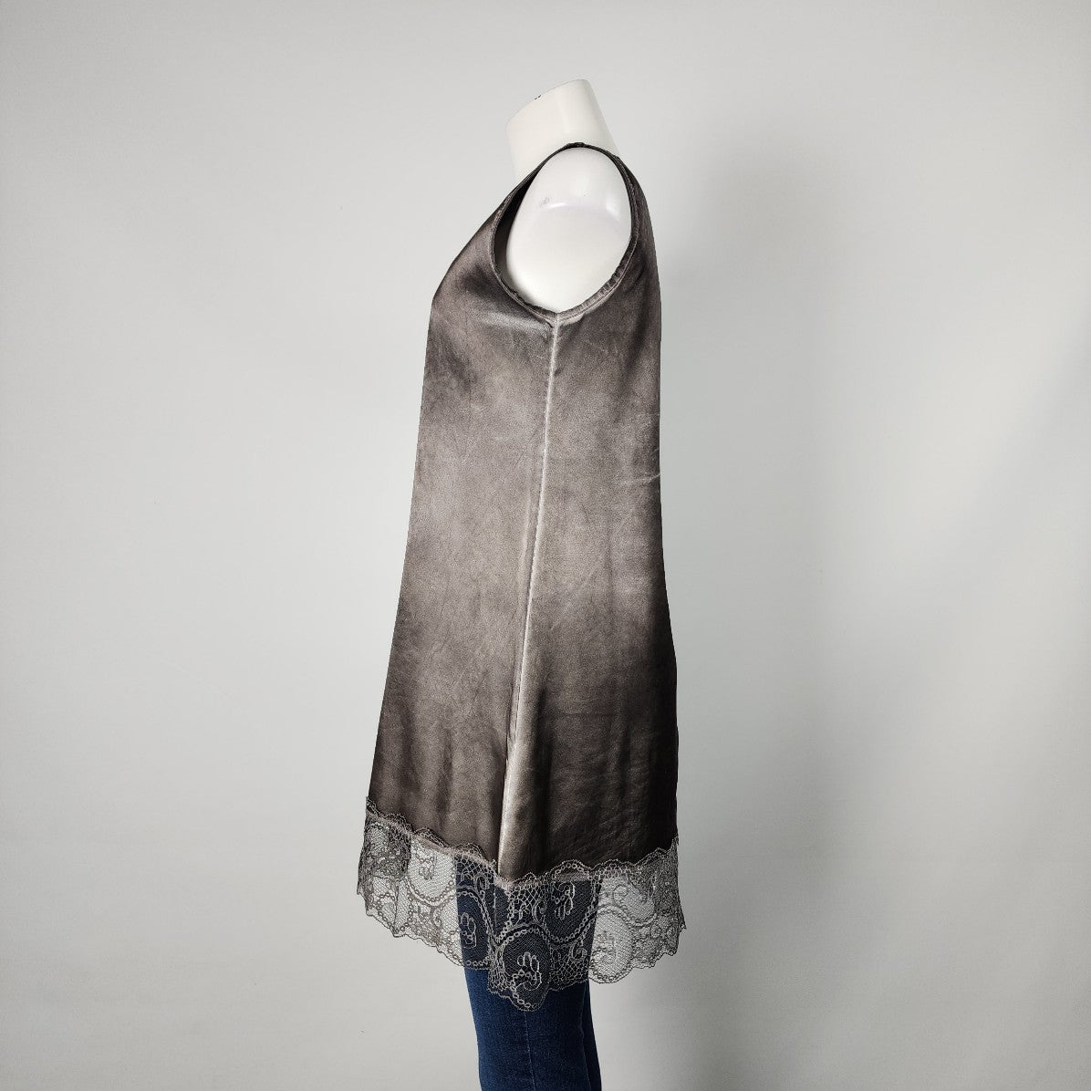 Poools Grey Satin Lace Bottom Sleeveless Tunic Top Size L