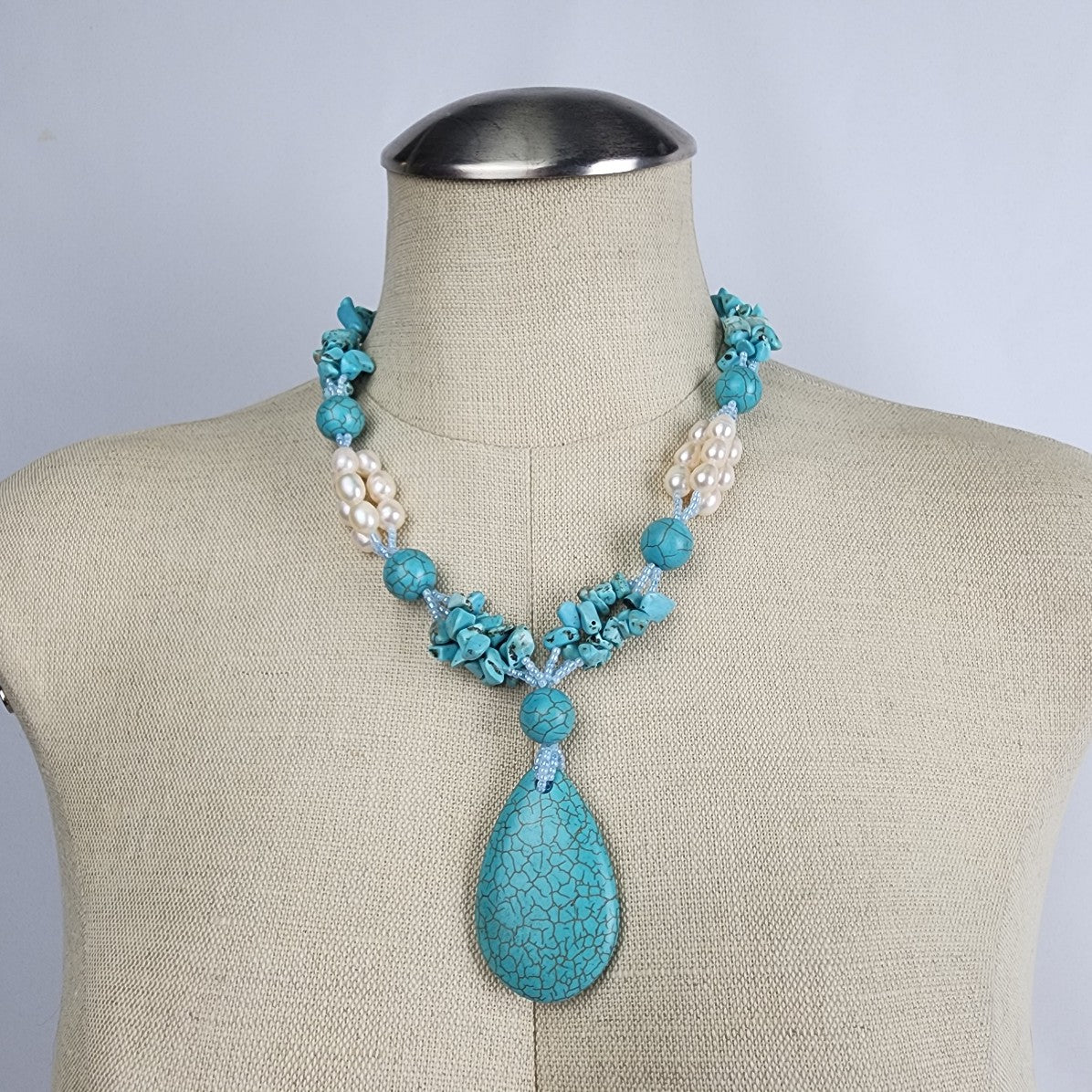 Turquoise and Pearl Statement Necklace with Large Teardrop Pendant